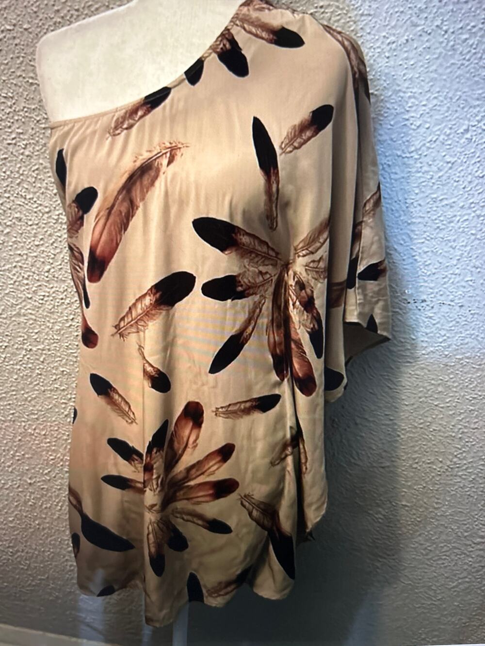 Audrey 3+1 Brown/Tan One Shoulder Feather Top Dress Kaftan Tunic Coverup Boho